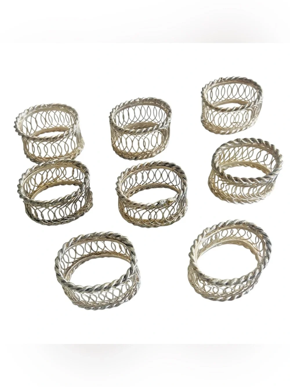 Vintage Two-Tone Woven Wire Napkin Rings Set of 8 Silver Gold Rope Trim 2”
